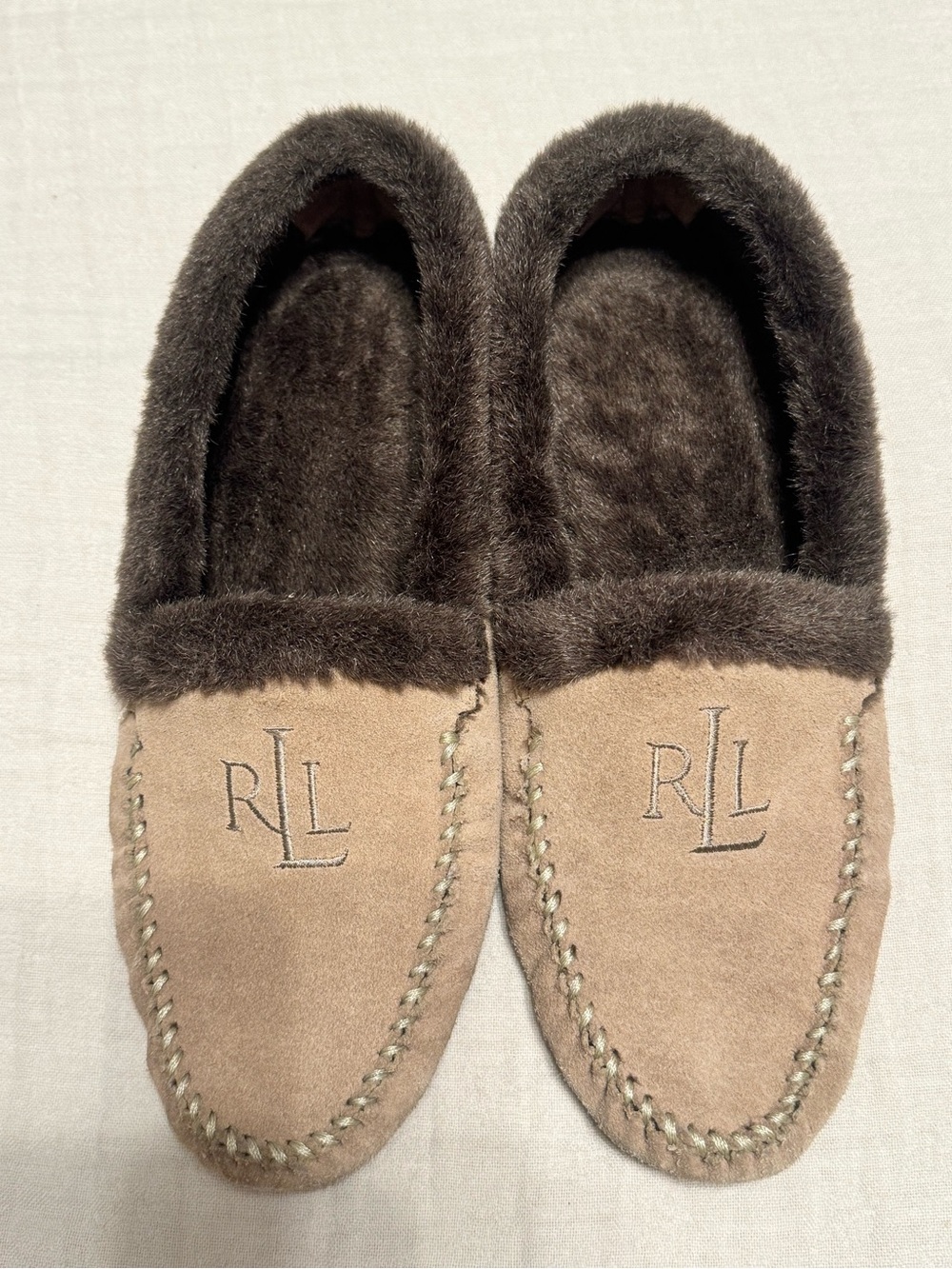 Lauren Ralph Lauren LRL Faux Fur Moccasin Slippers Tan Brown Size 10B